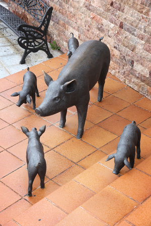 GRAN CANARIA, SPAIN - NOVEMBER 27, 2015: Pigs sculpture in Ingenio Old Town in Gran Canaria, Spain. Canary Islands had record 12.9 million visitors in 2014.のeditorial素材