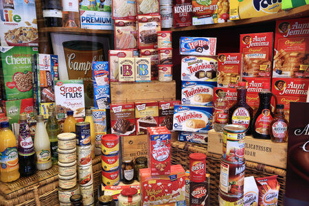 AMSTERDAM, NETHERLANDS - JULY 10, 2017: Selection of American sweets and food in a specialty international cuisine store in Amsterdam, Netherlands.のeditorial素材