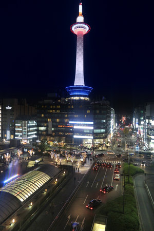 KYOTO, JAPAN - NOVEMBER 28, 2016: Kyoto Tower in Japan. Kyoto Tower is a 131m tall observation tower, a tourist attraction built atop a 9-floor hotel.のeditorial素材