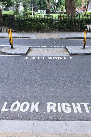 London pedestrian signs - look right and look left. Traffic warning.