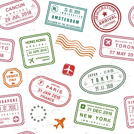 Travel background - passport stamps collage. Fictitious stamps set.のイラスト素材