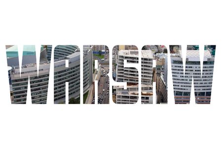 Warsaw, Poland - city name sign with photo in background. Isolated on white.