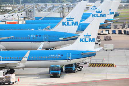 AMSTERDAM, NETHERLANDS - JULY 11, 2017: KLM Airlines fleet at Schiphol Airport in Amsterdam. Schiphol is the 12th busiest airport in the world with more than 63 million annual passengers.のeditorial素材