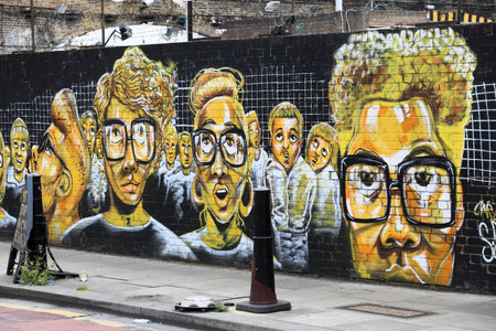 LONDON, UK - JULY 9, 2016: Street art mural of Shoreditch district in London, UK. Shoreditch is noted for its multiple urban artworks.のeditorial素材