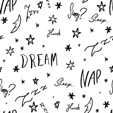 Sleepy doodle - sleep time vector pattern with handwritten words.のイラスト素材