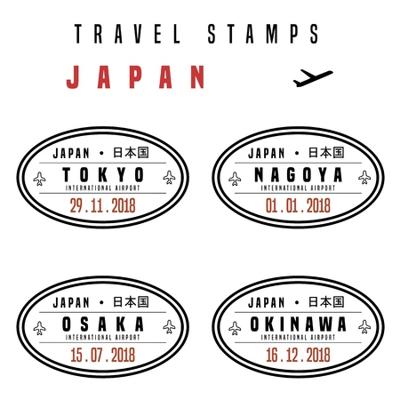 Travel vector - passport stamps set (fictitious stamps). Japan destinations: Tokyo, Nagoya, Osaka and Okinawa.のイラスト素材