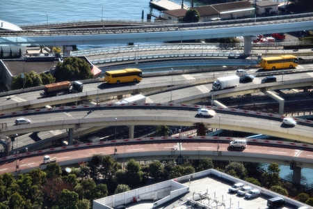 Tokyo multi level intersection - elevated freeways and highways. Transportation infrastructure in Japan.の写真素材