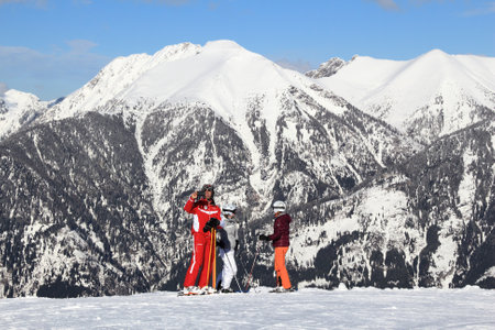 BAD GASTEIN, AUSTRIA - MARCH 9, 2016: People ski in Bad Gastein. It is part of Ski Amade, one of largest ski regions in Europe with 760km of ski runs.のeditorial素材
