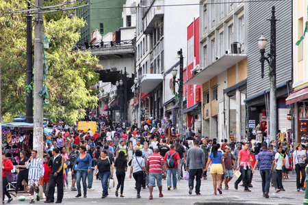 SAO PAULO, BRAZIL - OCTOBER 6, 2014: People shop at Rua General Carneiro in Sao Paulo. With 21.2 million people Sao Paulo metropolitan area is the 8th most populous in the world.のeditorial素材