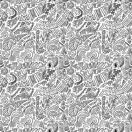 Seamless doodle vector texture - quirky tribal background.