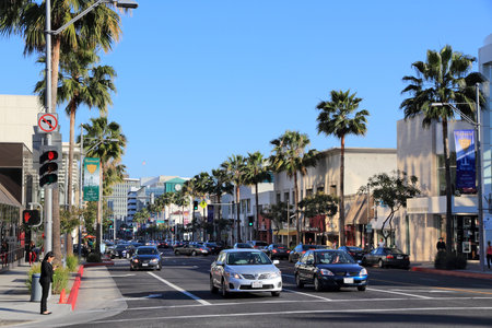 LOS ANGELES, USA - APRIL 5, 2014: People drive along Beverly Drive, Los Angeles. It's a major street of famous Beverly Hills district.のeditorial素材