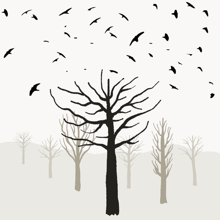 Halloween theme, spooky tree shapes, birds taking off, scary desolate forest.のイラスト素材