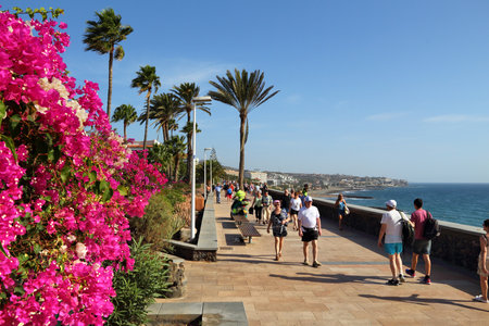 GRAN CANARIA, SPAIN - DECEMBER 1, 2015: People visit Playa Ingles oceanfront walkway in Maspalomas, Gran Canaria, Spain. Canary Islands had record 12.9 million visitors in 2014.のeditorial素材