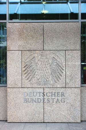 BERLIN, GERMANY - AUGUST 26, 2014: Deutscher Bundestag sign in Unter den Linden, Berlin. Bundestag is the federal parliament of Germany.のeditorial素材