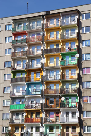 PIEKARY SLASKIE, POLAND - MARCH 9, 2015: Residential architecture view in Piekary Slaskie, Poland. Piekary Slaskie is an important city in Slaskie region. It has 54,783 inhabitants.のeditorial素材