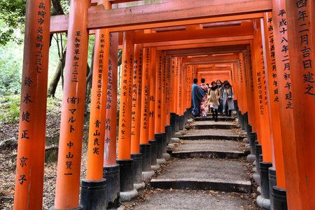 KYOTO, JAPAN - NOVEMBER 28, 2016: People visit tori gates of Fushimi Inari Taisha shrine in Kyoto, Japan. There are more than 10,000 torii gates at Fushimi Inari.のeditorial素材