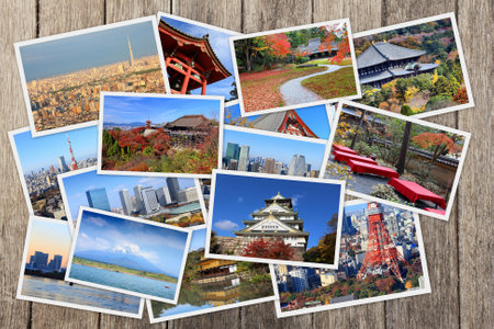 Japan landmarks collage - postcard collection with Tokyo, Kyoto, Osaka, Mount Fuji and Nara.のeditorial素材