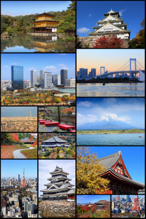 Japan landmarks collage - postcard collection with Tokyo, Kyoto, Osaka, Mount Fuji and Nara.のeditorial素材