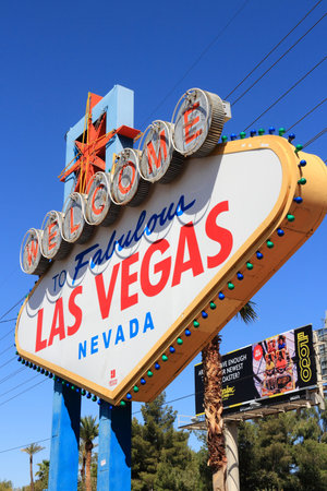 LAS VEGAS, USA - APRIL 14, 2014: Welcome to Fabulous Las Vegas Nevada, famous sign. The sign is on National Register of Historic Places.のeditorial素材