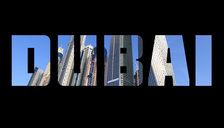 Dubai, UAE - city name text sign with photo in background.の写真素材