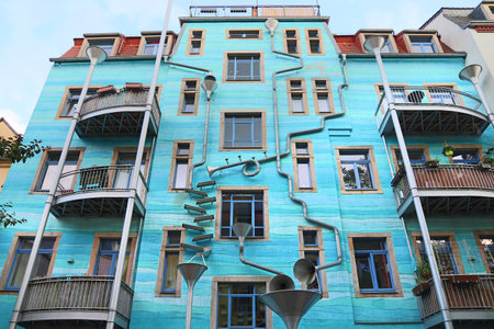 DRESDEN, GERMANY - MAY 10, 2018: Kunsthof passage in Neustadt district of Dresden. Kunsthofpassage is a set of inner courtyards rejuvenated with modern art and quirky restaurants.のeditorial素材