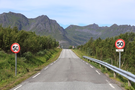 Norway road speed limit - Lofoten landscape. Arctic island of Austvagoya.の写真素材