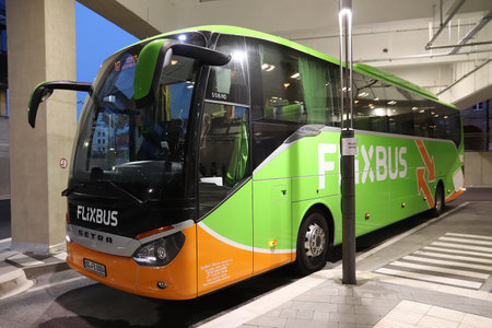 LEIPZIG, GERMANY - MAY 9, 2018: Flixbus at the new bus station in Leipzig. Flixbus is a large international passenger bus company with 1000 destinations in 20 countries.のeditorial素材