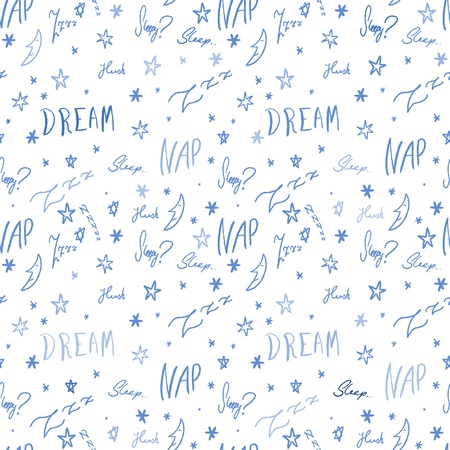 Bedsheets design pattern. Sleepy doodle - sleep time vector texture with handwritten words.のイラスト素材
