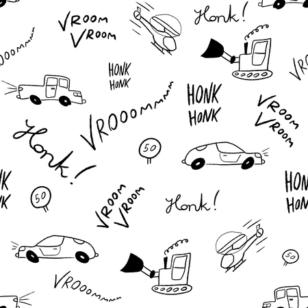 Children bedsheets pattern - hand-drawn cartoon cars and helicopters doodle texture. Black and white.のイラスト素材