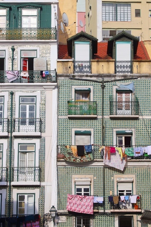 Lisbon city, Portugal. Mouraria district view with drying laundry.の写真素材