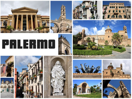 Palermo, Italy postcard - travel place landmark photo collage.のeditorial素材