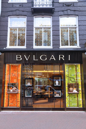 AMSTERDAM, NETHERLANDS - JULY 10, 2017: Bvlgari fashion shop (Bulgari) at P.C. Hooftstraat in Amsterdam. Pieter Cornelis Hooftstraat is the ultimate upscale shopping street in the Netherlands.のeditorial素材