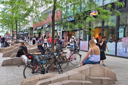 LEIPZIG, GERMANY - MAY 9, 2018: People shop at Grimmaische Street in Leipzig, Germany. Leipzig is the 10th biggest city in Germany with 582,277 inhabitants.のeditorial素材