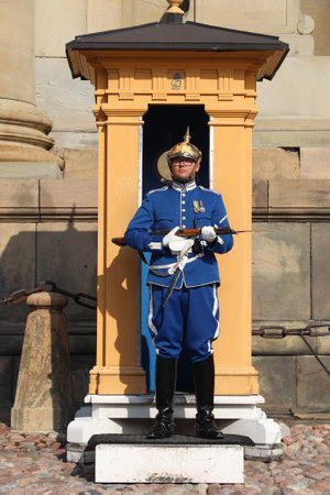 STOCKHOLM, SWEDEN - AUGUST 24, 2018: Royal Guard in Stockholm, Sweden. Royal Guards are responsible for protecting the Swedish Royal Family.のeditorial素材