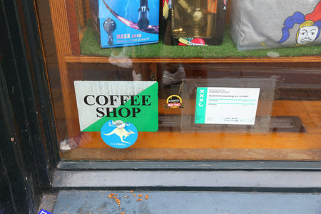 AMSTERDAM, NETHERLANDS - JULY 8, 2017: Legal permit in a window of a coffee shop in Amsterdam, Netherlands. Coffeeshops legally sell marijuana for personal consumption.のeditorial素材