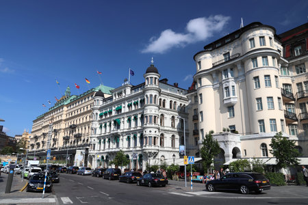 STOCKHOLM, SWEDEN - AUGUST 24, 2018: Street view in Blasieholmen district, Stockholm, Sweden. Stockholm is the capital city and most populous area in Sweden.のeditorial素材