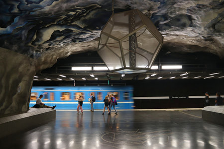 STOCKHOLM, SWEDEN - AUGUST 24, 2018: Stockholm metro (T-bana) underground station in Sweden. Stockholm metro is known for its artistic station interiors.のeditorial素材