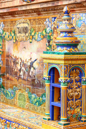 SEVILLE, SPAIN - NOVEMBER 3, 2012: Madrid theme detail of famous Plaza de Espana in Seville. The Renaissance revival and art deco styles landmark was completed in 1928.のeditorial素材