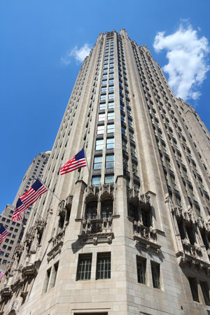 CHICAGO, USA - JUNE 27, 2013: Tribune Tower neo-gothic skyscraper in Chicago. It is 462 ft (141 m) tall and is part of Michigan-Wacker Historic District.のeditorial素材