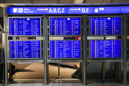 FRANKFURT, GERMANY - DECEMBER 6, 2016: Departures info screen of Frankfurt International Airport in Germany. It is the 12th busiest airport in the world with 61 million passengers in 2015.のeditorial素材
