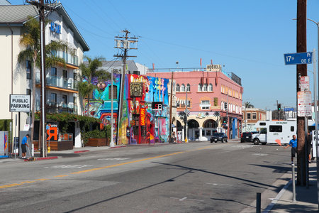VENICE, UNITED STATES - APRIL 6, 2014: People visit Venice Beach, California. Venice Beach is one of...