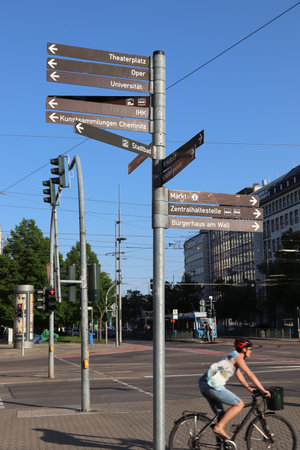CHEMNITZ, GERMANY - MAY 8, 2018: Pedestrian and cyclist direction signs in Chemnitz, Germany. Chemnitz is the 3rd-largest city in the Free State of Saxony (Germany).のeditorial素材