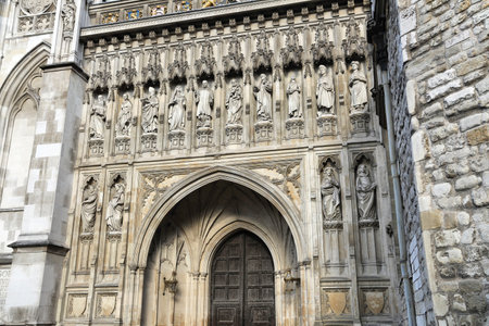 London, UK - Westminster Abbey facade details. UNESCO World Heritage Site.のeditorial素材