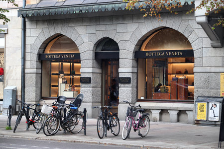 STOCKHOLM, SWEDEN - AUGUST 24, 2018: Bottega Veneta fashion store at Birger Jarlsgatan, Stockholm. Birger Jarlsgatan street is home to most exclusive shopping areas in Sweden.のeditorial素材