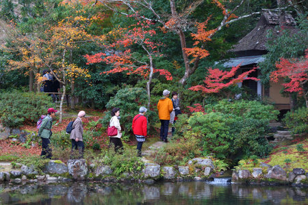 NARA, JAPAN - NOVEMBER 23, 2016: Tourists visit Isuien Garden wearing kimono costume in Nara, Japan. Nara is one of ultimate autumn foliage appreciacion (koyo) destinations.のeditorial素材