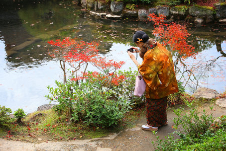 NARA, JAPAN - NOVEMBER 23, 2016: Tourist visits Yoshikien Garden wearing kimono costume in Nara,...