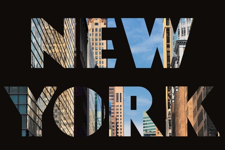 New York text sign - city name with background travel postcard photo.の写真素材