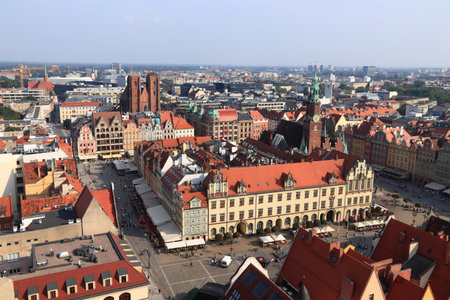 WROCLAW, POLAND - SEPTEMBER 2, 2018: Aerial view of city square (Rynek) in Wroclaw, Poland. Wroclaw is the 4th largest city in Poland with 632,067 people (2013).のeditorial素材