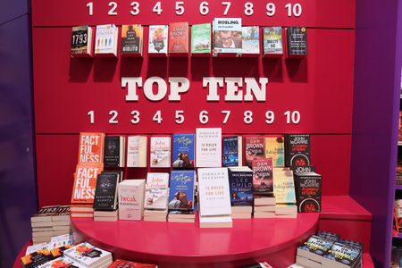 GOTHENBURG, SWEDEN - AUGUST 28, 2018: Book bestsellers at a bookstore at Gothenburg Landvetter...