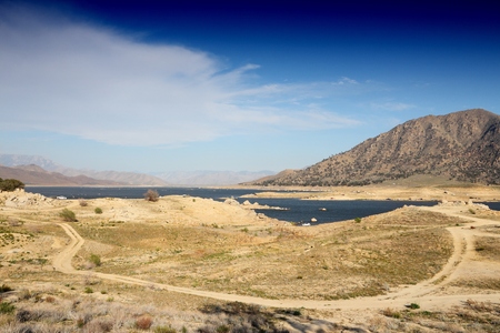 Drought in California - low level of Lake Isabella in Kern County. United States landscape.の写真素材